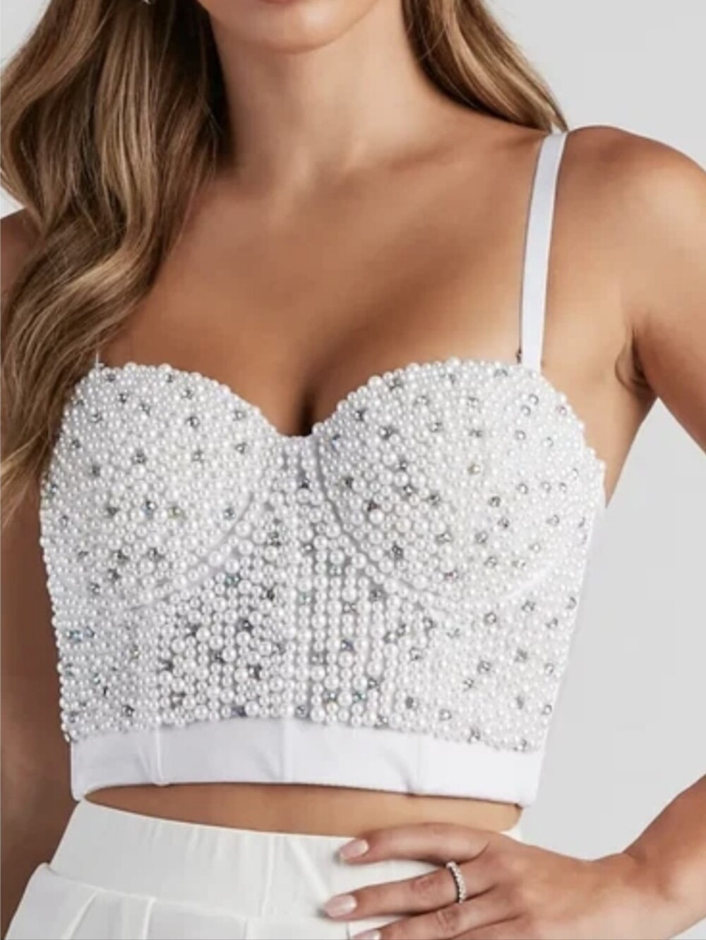 Pearl-Embellished White Crop Bustier Top